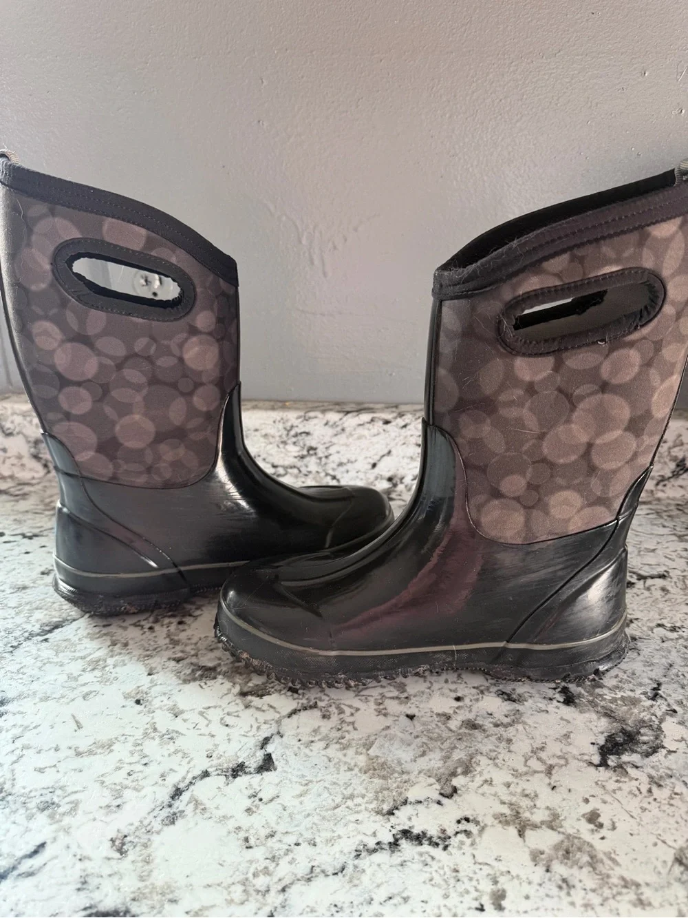 Bogs Kids Black and Gray Waterproof Rain Boots with Pull Handles